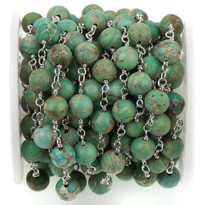 13 feet Green AQUA TERRA JASPER Gemstone Rosary Chain, bright silver, 6mm round gemstone beads, fch0734b