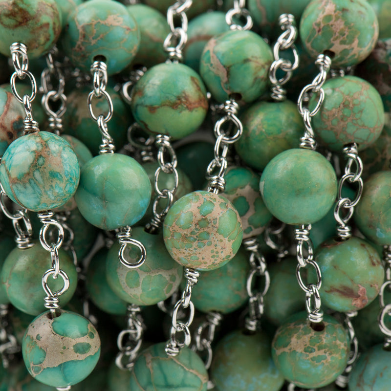 13 feet Green AQUA TERRA JASPER Gemstone Rosary Chain, bright silver, 6mm round gemstone beads, fch0734b