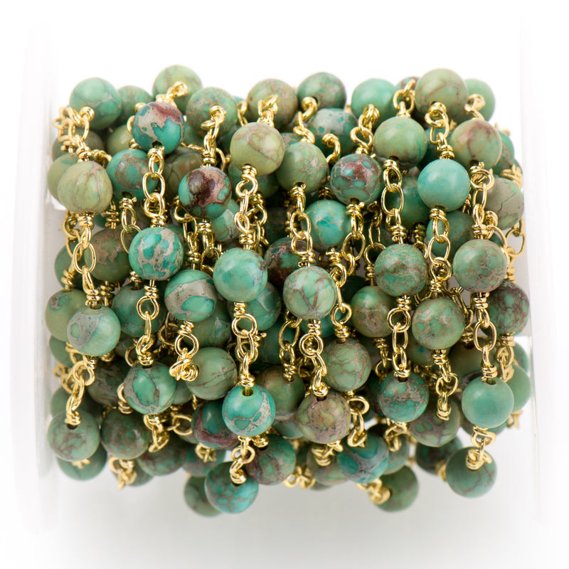 13 feet (4.33 yards) Green AQUA TERRA JASPER Gemstone Rosary Chain, bright gold, 6mm round gemstone beads, fch0735b