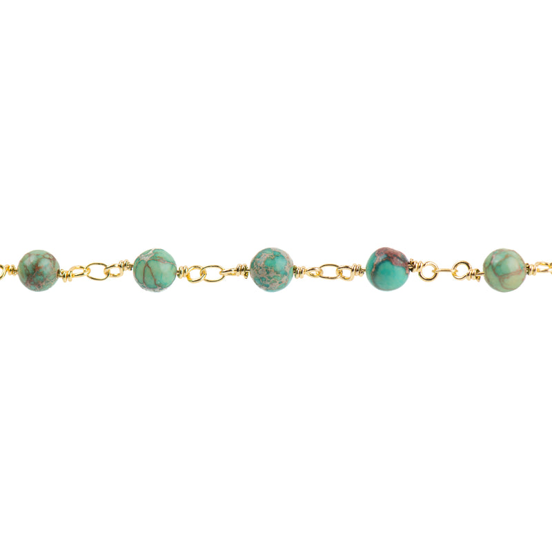 3 feet (1 yard) Green AQUA TERRA JASPER Gemstone Rosary Chain, bright gold, 6mm round gemstone beads, fch0735a