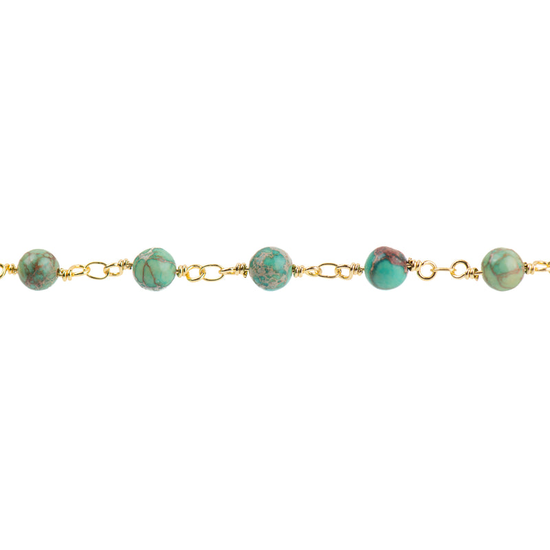 13 feet (4.33 yards) Green AQUA TERRA JASPER Gemstone Rosary Chain, bright gold, 6mm round gemstone beads, fch0735b