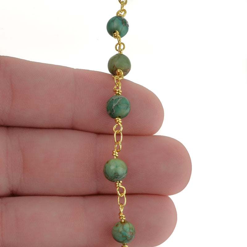 13 feet (4.33 yards) Green AQUA TERRA JASPER Gemstone Rosary Chain, bright gold, 6mm round gemstone beads, fch0735b