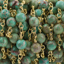3 feet (1 yard) Green AQUA TERRA JASPER Gemstone Rosary Chain, bright gold, 6mm round gemstone beads, fch0735a