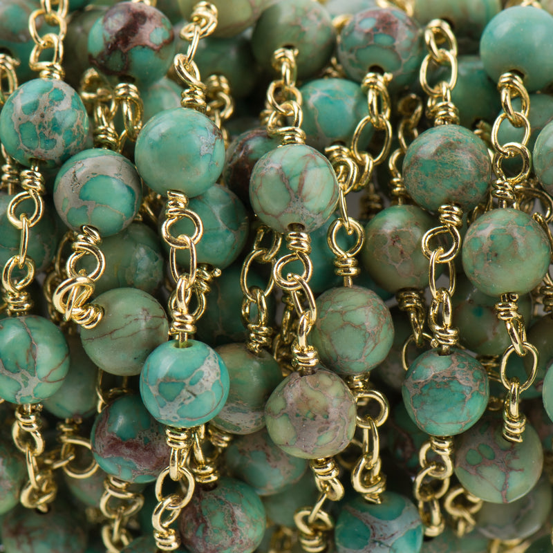 13 feet (4.33 yards) Green AQUA TERRA JASPER Gemstone Rosary Chain, bright gold, 6mm round gemstone beads, fch0735b