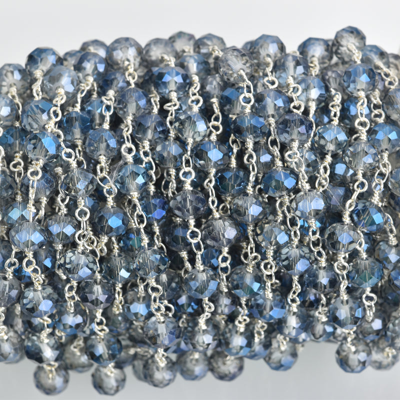 1 yard Blue AB Crystal Rondelle Rosary Chain, silver, 8mm faceted rondelle glass beads, double wrap, fch0736a