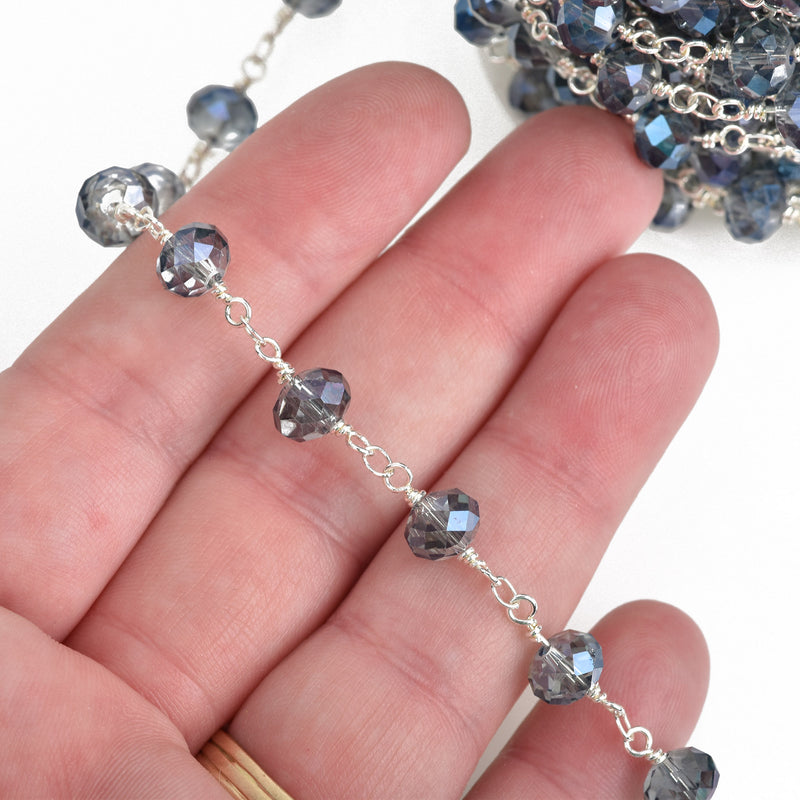 1 yard Blue AB Crystal Rondelle Rosary Chain, silver, 8mm faceted rondelle glass beads, double wrap, fch0736a