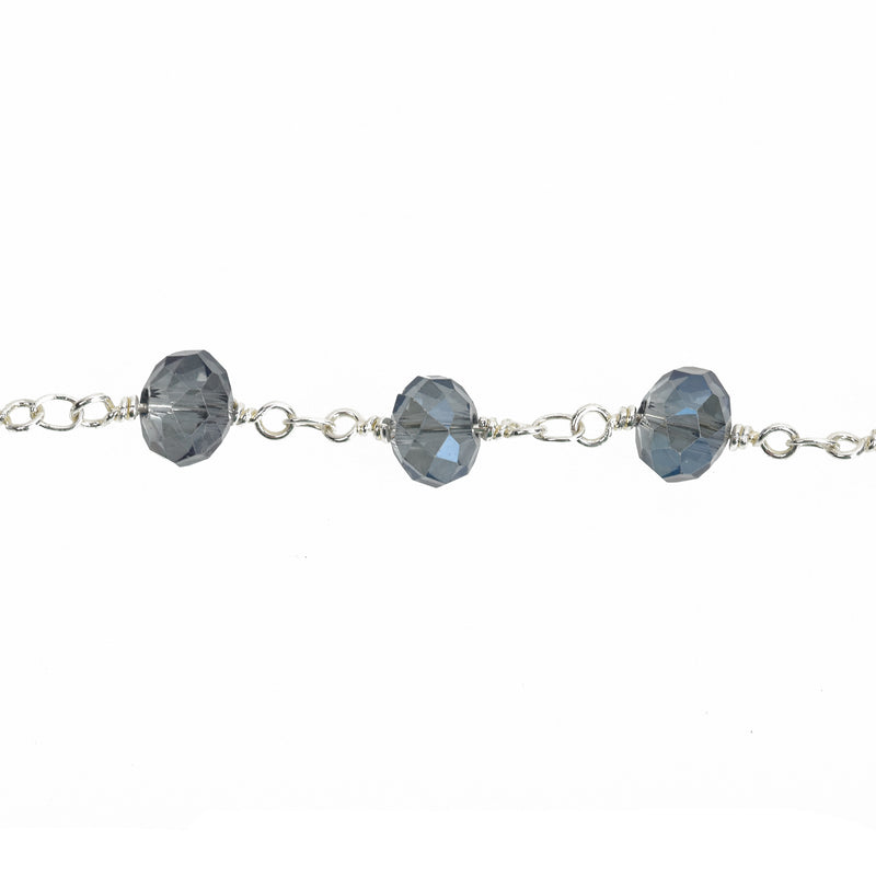 1 yard Blue AB Crystal Rondelle Rosary Chain, silver, 8mm faceted rondelle glass beads, double wrap, fch0736a