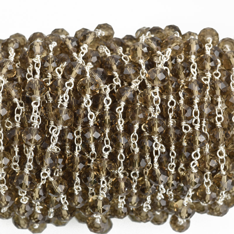 10 yards SMOKE GREY Crystal Rondelle Rosary Chain, silver, 8mm faceted rondelle glass beads, double wrap, fch0737b