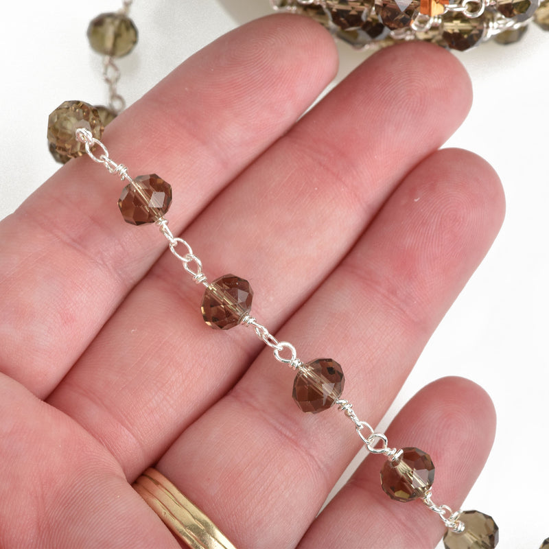 1 yard SMOKE GREY Crystal Rondelle Rosary Chain, silver, 8mm faceted rondelle glass beads, double wrap, fch0737a