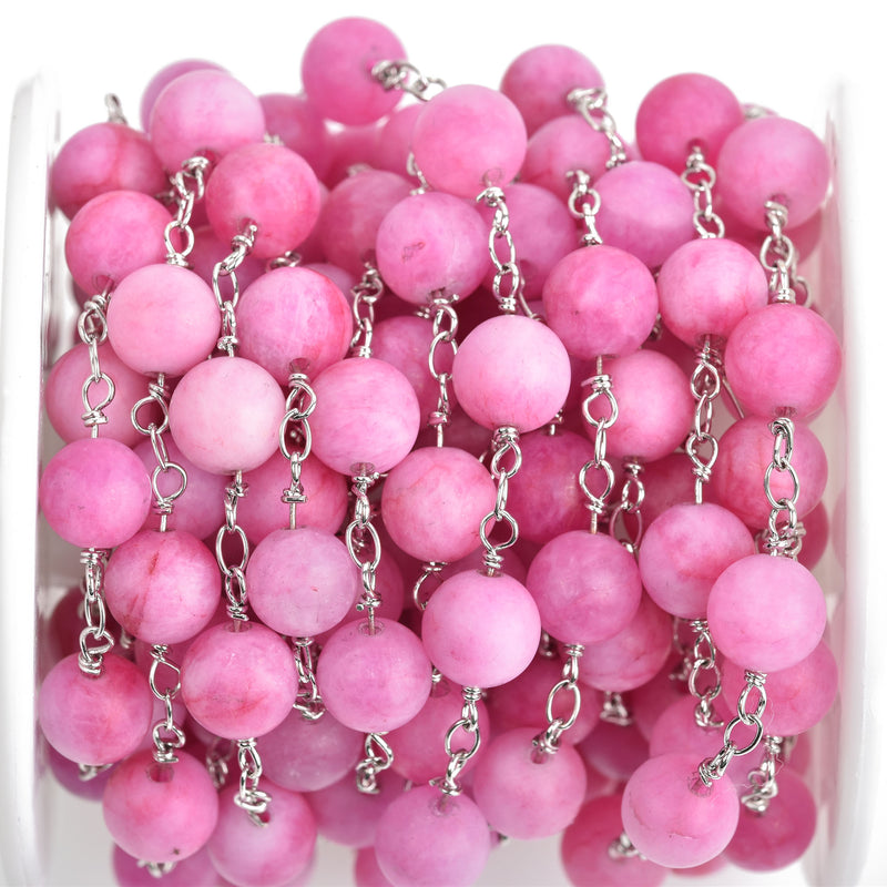 3 ft (1 yard) Matte PINK JADE Gemstone Rosary Chain, silver double wrap, 8mm round gemstone beads fch0739a