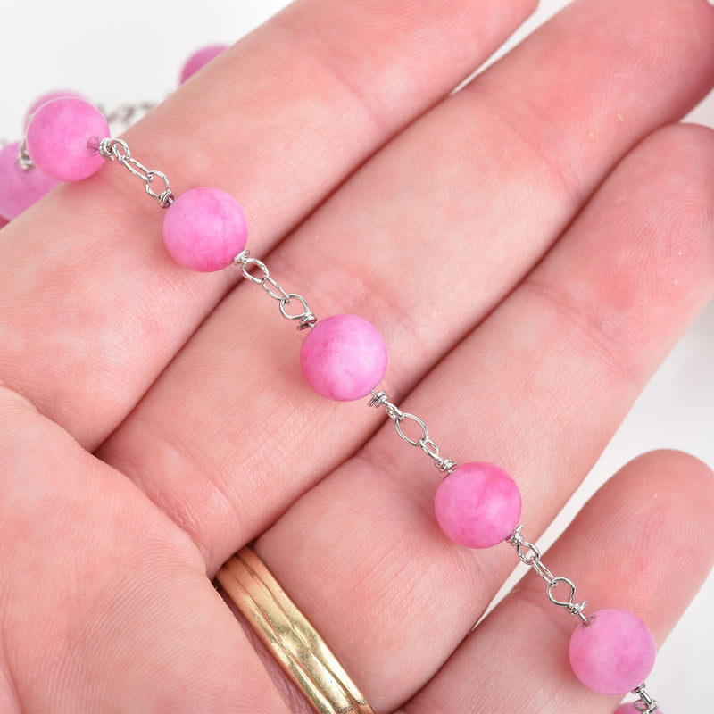 13 feet (4.33 yards) Matte PINK JADE Gemstone Rosary Chain, silver double wrap, 8mm round gemstone beads fch0739b