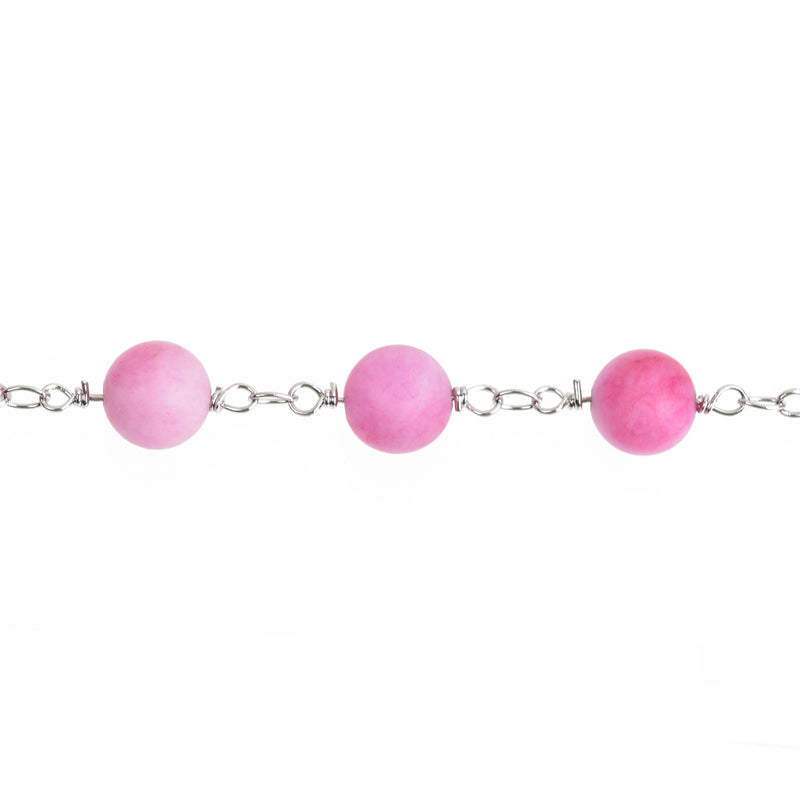 3 ft (1 yard) Matte PINK JADE Gemstone Rosary Chain, silver double wrap, 8mm round gemstone beads fch0739a