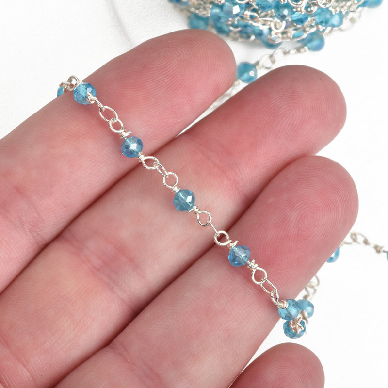 1 yard SKY BLUE Crystal Rosary Bead Chain, silver double wrapped wire, 4mm faceted rondelle glass beads, fch0741a