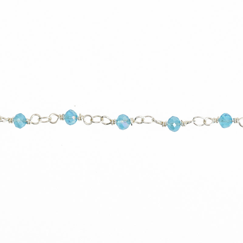 13 ft (4.33 yards) SKY BLUE Crystal Rosary Bead Chain, silver double wrapped wire, 4mm faceted rondelle glass beads, fch0741b