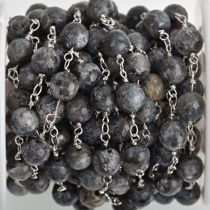1 yard (3 feet) Grey LABRADORITE GEMSTONE Rosary Chain, silver links, 8mm round faceted gemstone beads, fch0742a