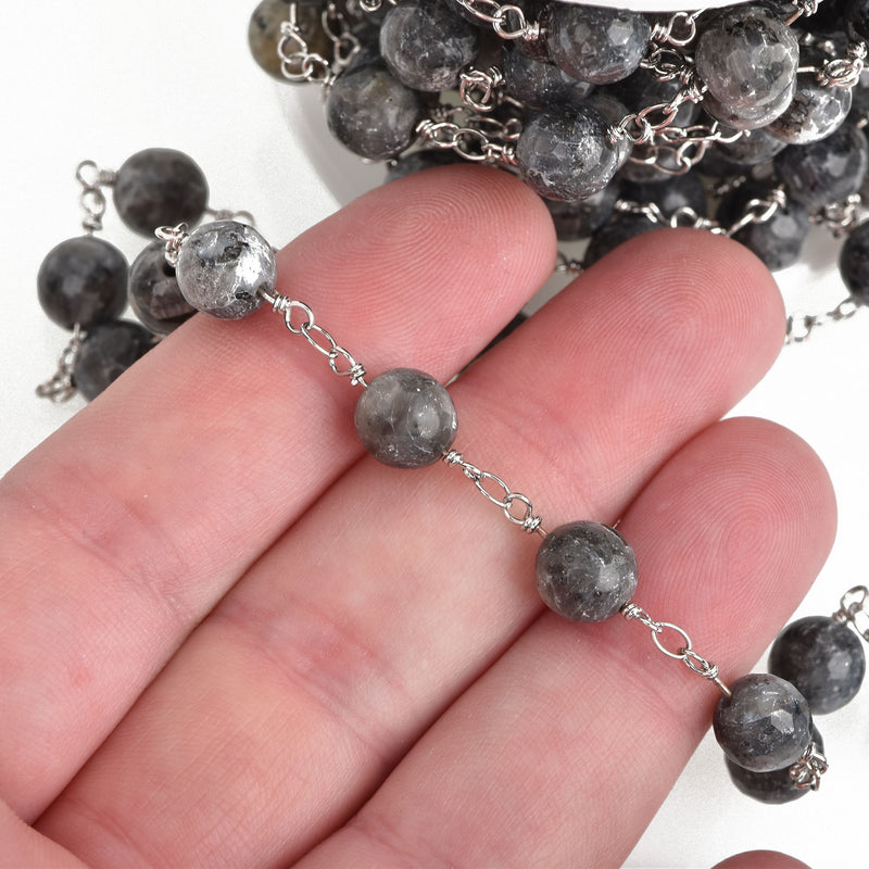 13 ft Grey LABRADORITE GEMSTONE Rosary Chain, silver links, 8mm round faceted gemstone beads, fch0742b