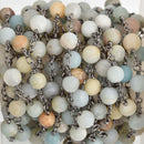 13ft MATTE AMAZONITE GEMSTONE Rosary Chain, gunmetal, 6mm round gemstone beads, fch0743b