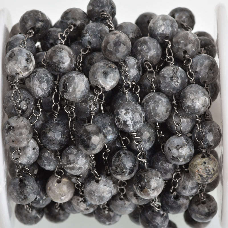 13ft GREY LABRADORITE GEMSTONE Rosary Chain, gunmetal links, 8mm round faceted gemstone beads, fch0744b