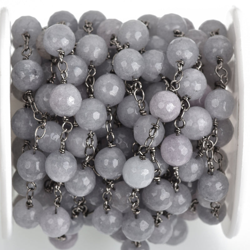 13 feet (4.33 yards) GREY JADE GEMSTONE Rosary Chain, gunmetal links, 8mm round faceted gemstone beads, fch0745b