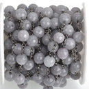 3 feet GREY JADE GEMSTONE Rosary Chain, gunmetal links, 8mm round faceted gemstone beads, fch0745a
