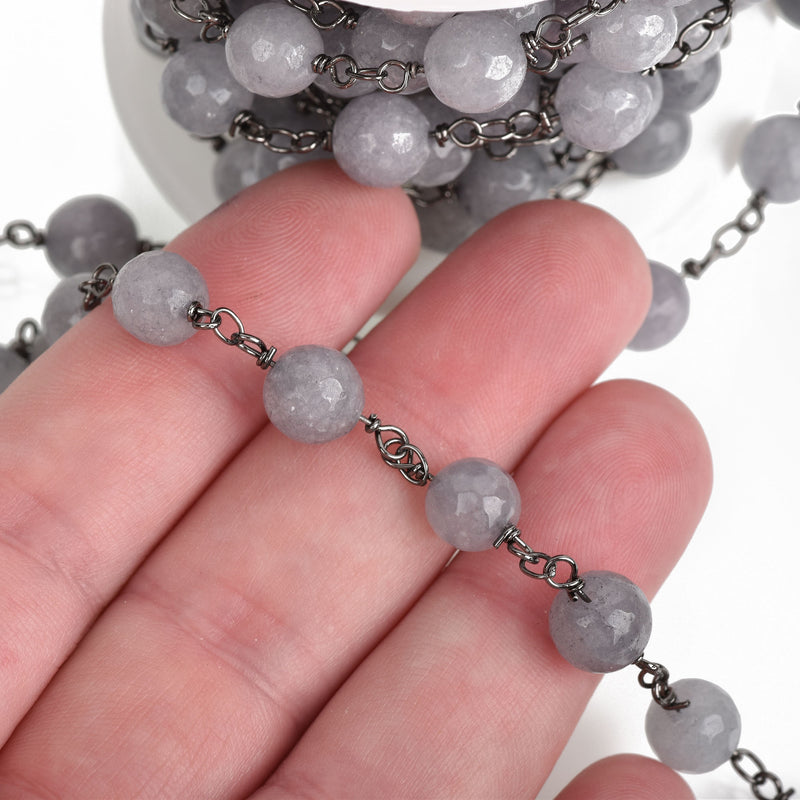 3 feet GREY JADE GEMSTONE Rosary Chain, gunmetal links, 8mm round faceted gemstone beads, fch0745a