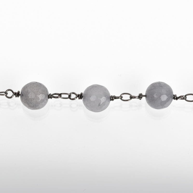 13 feet (4.33 yards) GREY JADE GEMSTONE Rosary Chain, gunmetal links, 8mm round faceted gemstone beads, fch0745b