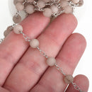3 feet Mushroom GREY Matte JADE GEMSTONE Rosary Chain, double wrap silver links, 6mm round natural gemstone beads, fch0746a