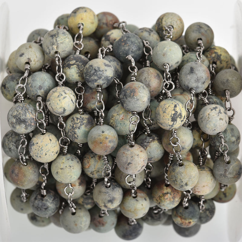 13 feet Matte Green AFRICAN TURQUOISE Gemstone Rosary Chain, gunmetal double wrap, 8mm round gemstone beads fch0747b