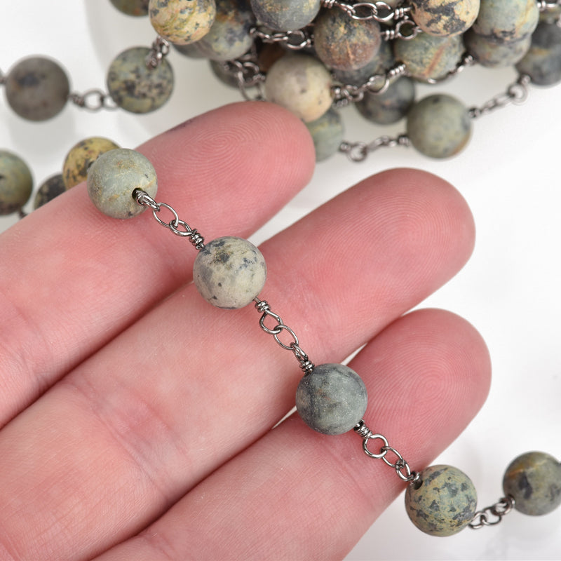 13 feet Matte Green AFRICAN TURQUOISE Gemstone Rosary Chain, gunmetal double wrap, 8mm round gemstone beads fch0747b