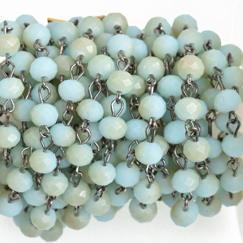 1 yard (3 feet) Pale Blue and Tan Crystal Rosary Chain, gunmetal wire, 8mm matte rondelle faceted crystal beads, fch0748a