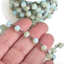 13ft Pale Blue and Tan Crystal Rosary Chain, gunmetal wire, 8mm matte rondelle faceted crystal beads, fch0748b