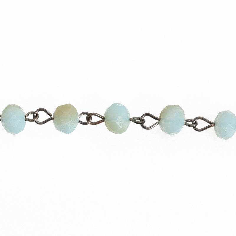 13ft Pale Blue and Tan Crystal Rosary Chain, gunmetal wire, 8mm matte rondelle faceted crystal beads, fch0748b