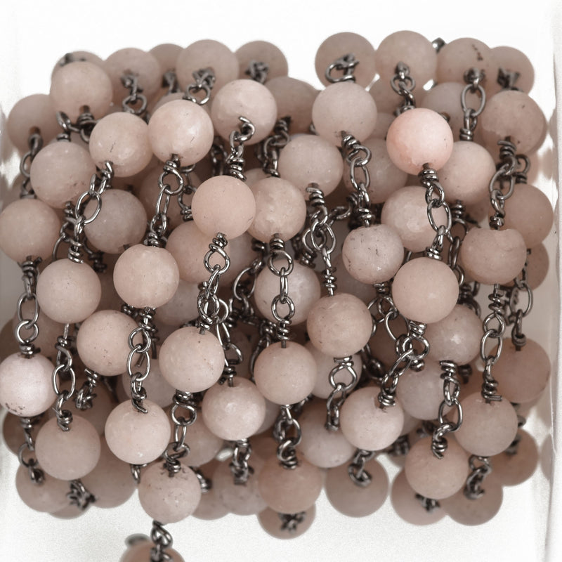 13 ft Mushroom GREY Matte JADE GEMSTONE Rosary Chain, double wrap gunmetal links, 6mm round natural gemstone beads, fch0749b