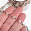 3 feet (1 yard) Mushroom GREY Matte JADE GEMSTONE Rosary Chain, double wrap gunmetal links, 6mm round natural gemstone beads, fch0749a