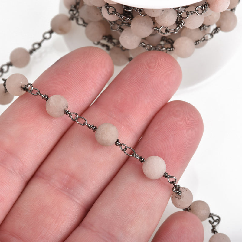 3 feet (1 yard) Mushroom GREY Matte JADE GEMSTONE Rosary Chain, double wrap gunmetal links, 6mm round natural gemstone beads, fch0749a