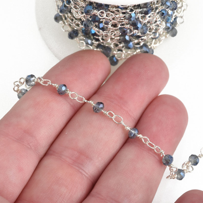1 yard Light Mystic Blue AB Crystal Rondelle Rosary Chain, silver double wrap, 4mm faceted rondelle glass beads, fch0751a