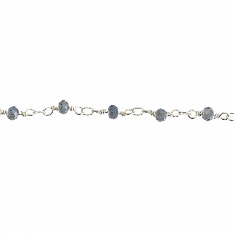 10 yards Light Mystic Blue AB Crystal Rondelle Rosary Chain, silver double wrap, 4mm faceted rondelle glass beads, fch0751b