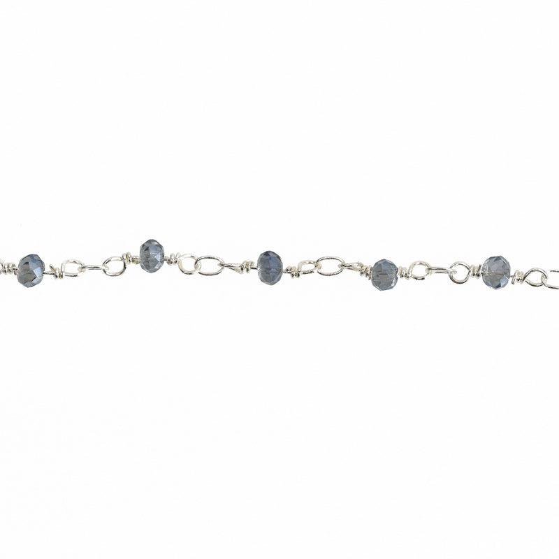 1 yard Light Mystic Blue AB Crystal Rondelle Rosary Chain, silver double wrap, 4mm faceted rondelle glass beads, fch0751a