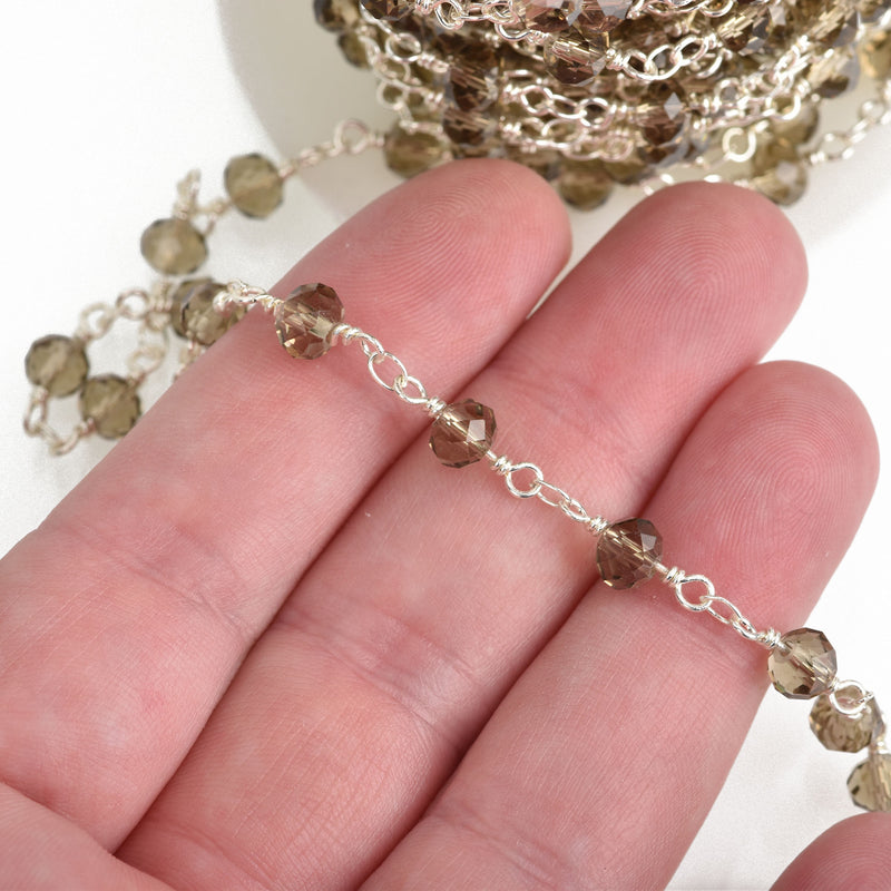 1 yard SMOKE GREY Crystal Rondelle Rosary Chain, silver, 6mm faceted rondelle glass beads, double wrap, fch0752a