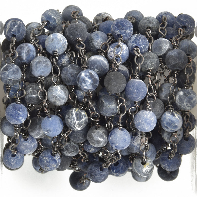 1 yard (3 ft) Matte SODALITE GEMSTONE Rosary Chain, gunmetal, denim blue white natural sodalite, 6mm round gemstone beads, fch0753a