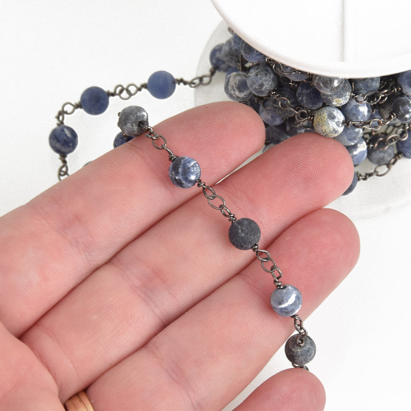 13 feet (4 meters) Matte SODALITE GEMSTONE Rosary Chain, gunmetal, denim blue white natural sodalite, 6mm round gemstone beads, fch0753b