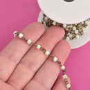 13ft Light Blue Green Tan Crystal Rosary Chain, matte beads with bronze wire, 4mm rondelle faceted crystal beads, fch0754b