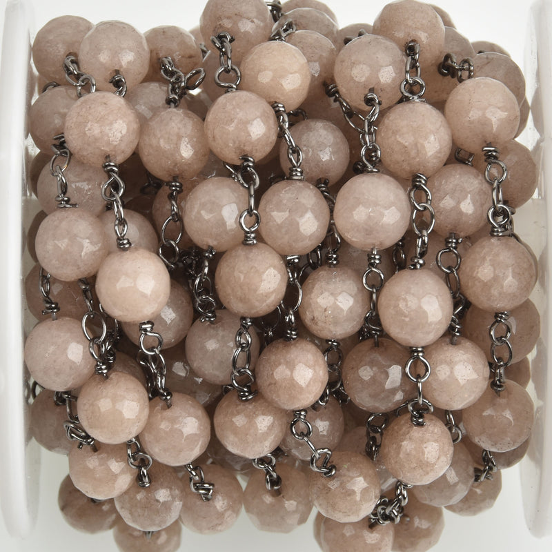 13 feet (4.33 yards) MUSHROOM JADE GEMSTONE Rosary Chain, gunmetal links, 8mm round faceted gemstone beads, fch0755b