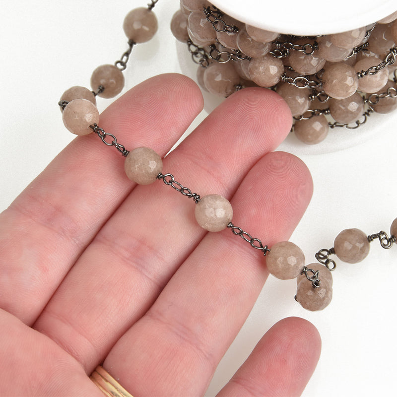 1 yard (3 feet) MUSHROOM JADE GEMSTONE Rosary Chain, gunmetal links, 8mm round faceted gemstone beads, fch0755a