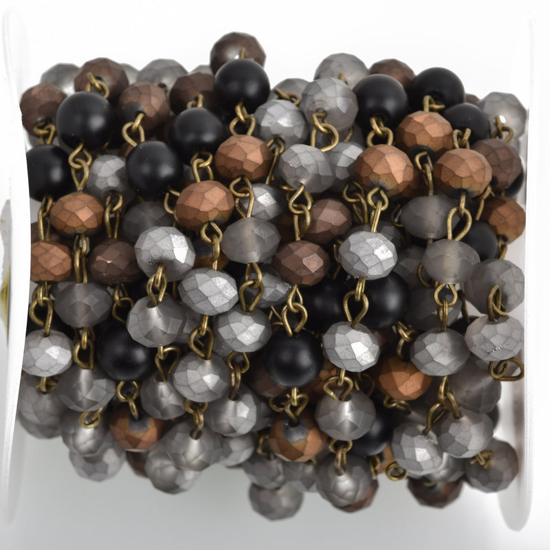 13 feet (4.33 yards) Matte Crystal Gemstone Rosary Chain, Bronze, 8mm, silver, gray, bronze, black howlite, fch0756b