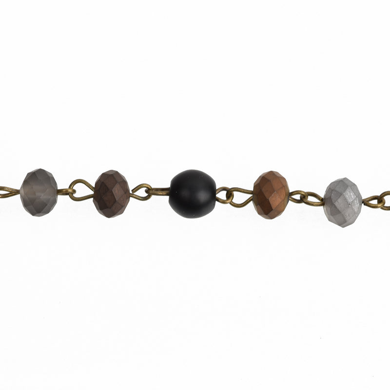 13 feet (4.33 yards) Matte Crystal Gemstone Rosary Chain, Bronze, 8mm, silver, gray, bronze, black howlite, fch0756b