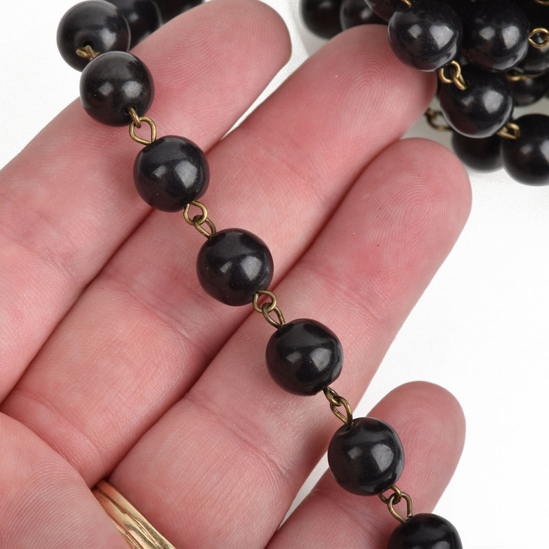 1 yard (3ft) BLACK Howlite Rosary Chain, bronze wire links, 10mm round stone bead chain, fch0757a