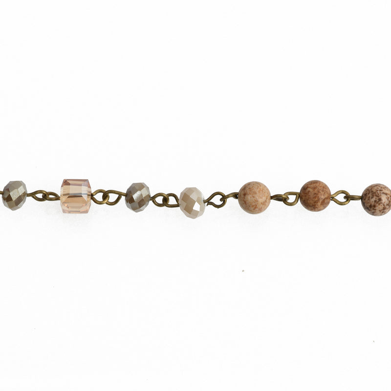 13 feet Gemstone Crystal Rosary Chain, bronze, 6mm Picture Jasper, Crystal Cube and Rondelle Beads, fch0758b