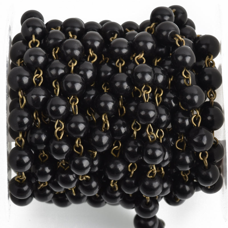 1 yard (3ft) BLACK Howlite Rosary Chain, bronze wire links, 8mm round stone bead chain, fch0759a