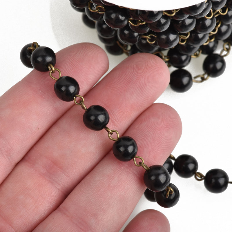 1 yard (3ft) BLACK Howlite Rosary Chain, bronze wire links, 8mm round stone bead chain, fch0759a